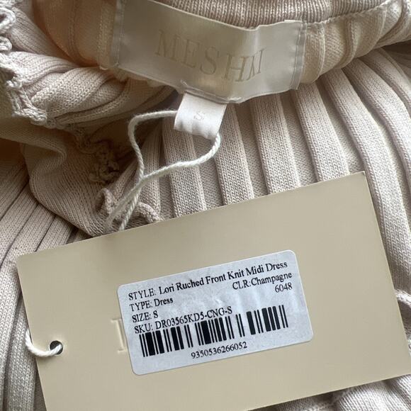 Meshki Lori Ruched Front Ribbed Knit Midi Dress Open Back Tan Small New Ac21 - Picture 11 of 11